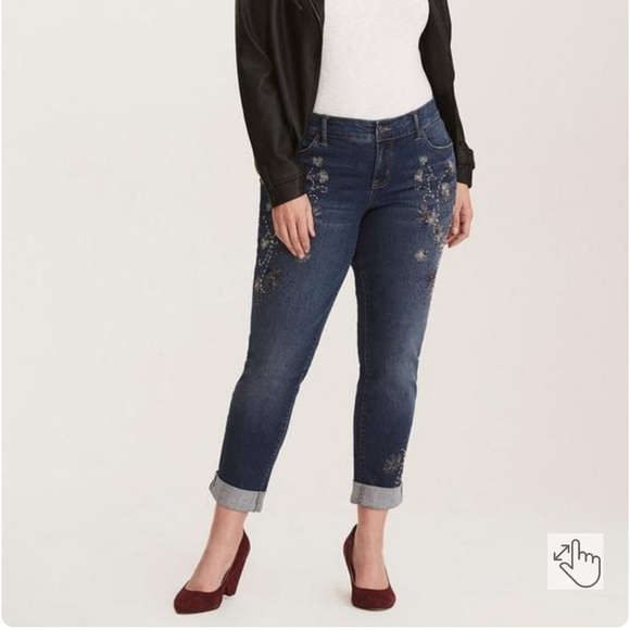 torrid Denim - NWT Vintage Premium Boyfriend Jeans - Dark Wash with Beaded Embellishments